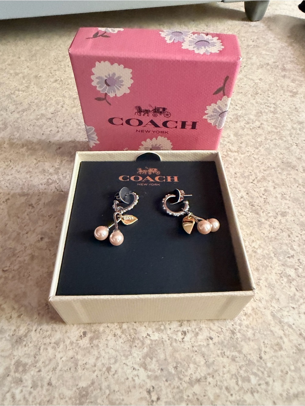 COACH Gold-Tone Pink Pearl Cherry Hoop Earrings